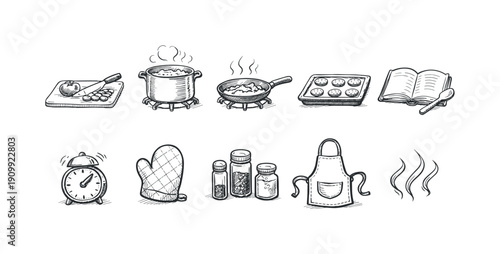 Cooking and baking outline icon set. culinary, kitchen tools, recipe outline collection