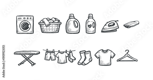 Laundry and cleaning outline icon set. household chores and washing icons collection