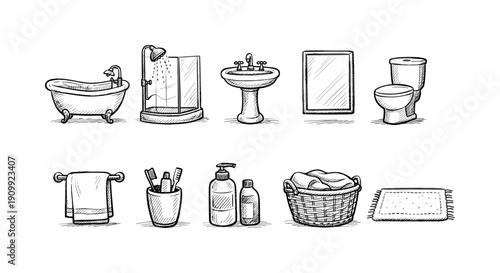 Bathroom essentials line icon set. shower, mirror, toilet, bathtub icons in linear design