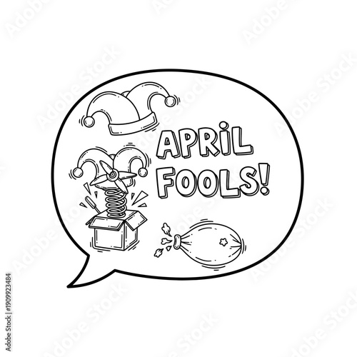 April Fools Day Comic Speech Bubble with Jester Hat and Prank Elements on Isolated White Background