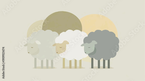 Flock of three cute minimalist lambs in a serene pasture. Simple, modern vector illustration for Easter.