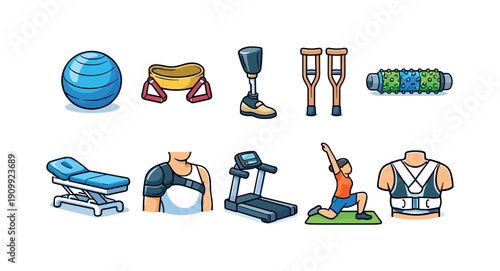 Physical therapy icon set: flat style for rehabilitation, exercise, fitness apps