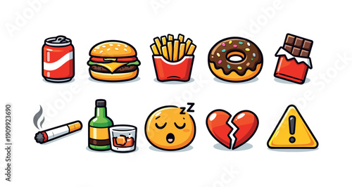 Food and drink flat icon set. fast food, beverage, and snack icons collection.