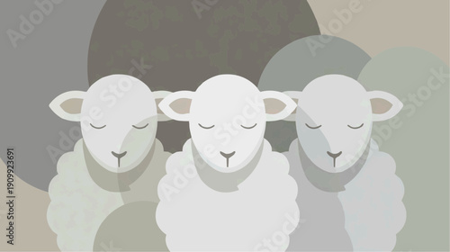 Three gentle lambs in a flock, minimalist vector art with neutral colors.