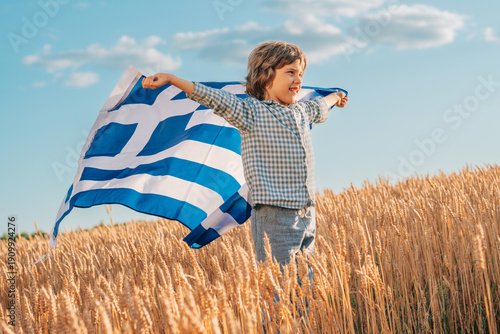 Patriot Boy Standing Wheat Field Holding Greek Hellas Flag In The Wind, Homeland