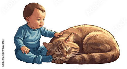 Whimsical Moment of a Baby Smiling and Gently Petting a Sleeping Cat by a Cozy Nursery, Captured in Soft Colors. Transparent Background