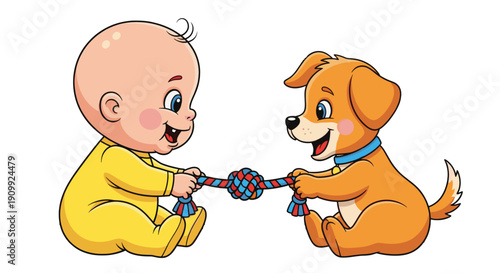 Joyful Baby and Playful Puppy Tugging a Rope Toy in a Bright and Cheerful Setting. Transparent Background