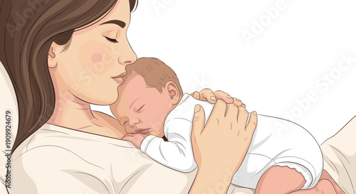 Mother Gently Cradles Her Newborn Baby, Sharing a Tender Moment of Love and Connection in a Peaceful Home Setting. Transparent Background