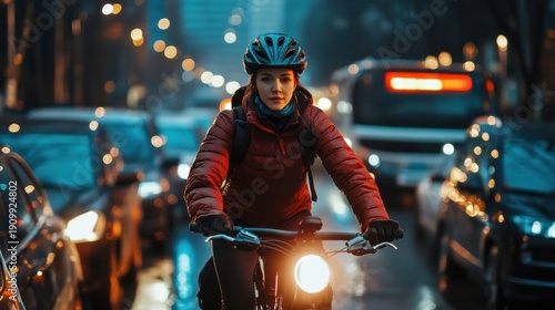 Woman riding bicycle at night with bright headlight on street filled with parked cars and city lights in the background