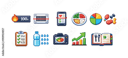 Game, food, fitness pixel icon set. nutrition and exercise pixel icons collection