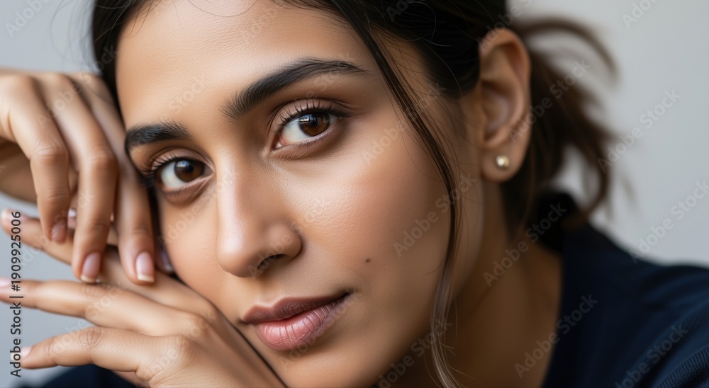 Fototapeta premium Close-up portrait of a young South Asian woman with natural skin. Focused gaze of a female with brown eyes and dark hair. Skincare and wellness concept