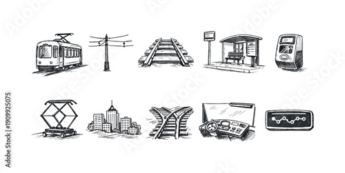 Transport and travel sketch icon set with hand-drawn city and vehicle elements