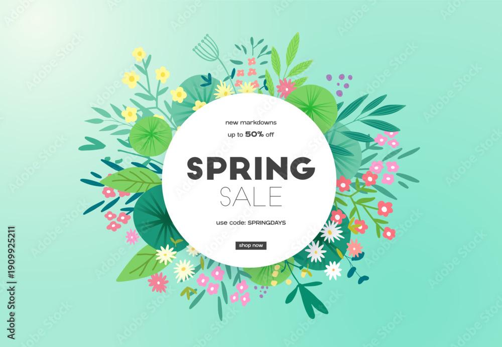 custom made wallpaper toronto digitalFloral spring design with flowers, green leaves and plants. Round shape with space for text. Banner or flyer sale template, vector illustration.