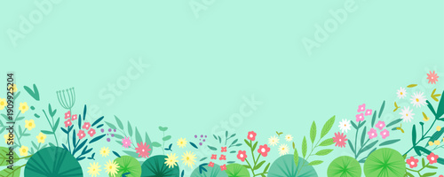 Spring and summer light blue background with copy space for text and floral composition of flowers, leaves and plants, vector illustration.