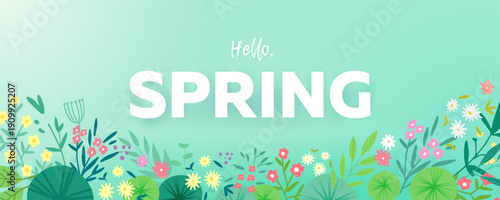 Spring and summer light blue background with copy space for text and floral composition of flowers, leaves and plants, vector illustration.