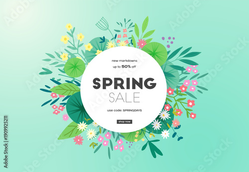 Wallpaper Mural Floral spring design with flowers, green leaves and plants. Round shape with space for text. Banner or flyer sale template, vector illustration. Torontodigital.ca