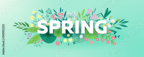 Spring inscription on floral composition and blue green background, vector illustration.