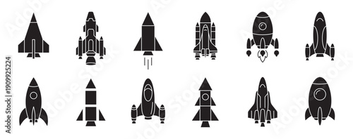Rocket silhouette icon set. Space shuttle and launch spacecraft collection. Startup and aerospace symbols. Solid minimal black vector icons – stock vector