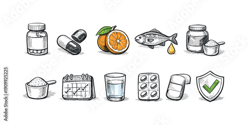 Vitamin and supplement icon set. hand-drawn chalk theme with fruits and pills