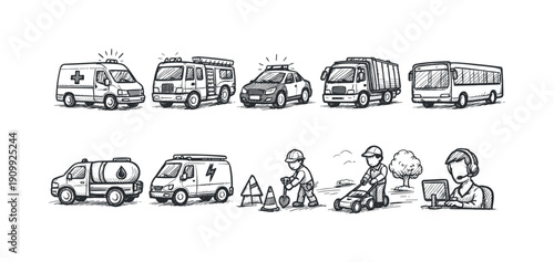 Emergency and public transport sketch icon set. hand-drawn vehicles outline collection