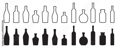 Wine bottle icon set. Champagne and liquor bottle collection. Alcohol and beverage symbols for bar and menu design. Outline and solid minimal bottle icons – stock vector