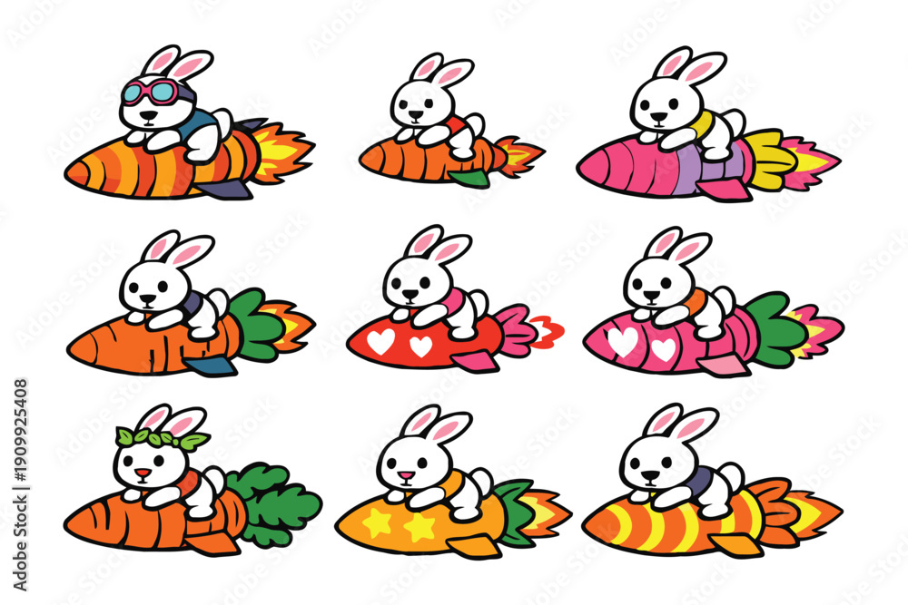 Obraz premium A group of cartoon rabbits riding colorful rockets made of carrots on a white background