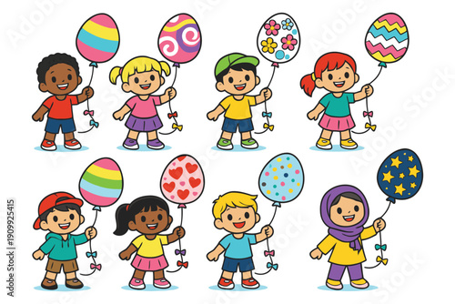 A group of diverse children happily holding colorful balloons in a playful scene