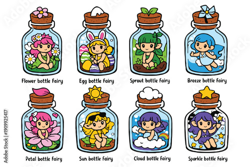 A colorful illustration of eight fairies in glass bottles with whimsical designs and labels.