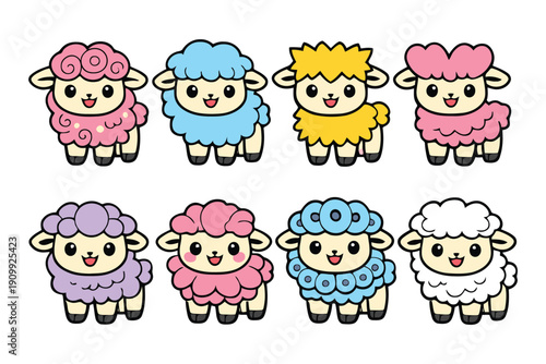 A colorful illustration of eight cartoon sheep with different colored wool standing on a white background