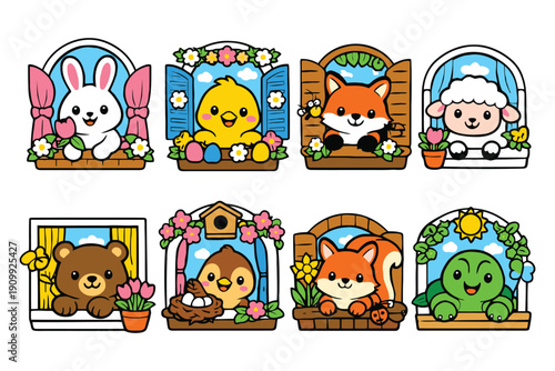A colorful illustration of cartoon animals looking out of windows with flowers and plants