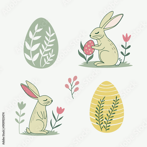 Flat vector illustration set of 2 decorated Easter eggs, 2 cuty bunnies.