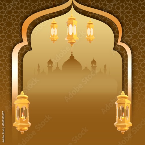 Arched window overlooking a mosque with hanging lanterns. Perfect for travel brochures, backgrounds, or cultural blog posts.