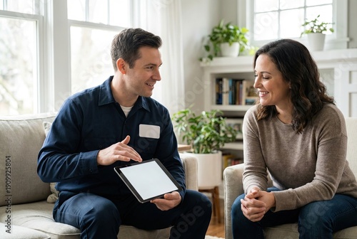 A service technician in uniform explains something on a tablet to a female homeowner in her living room.