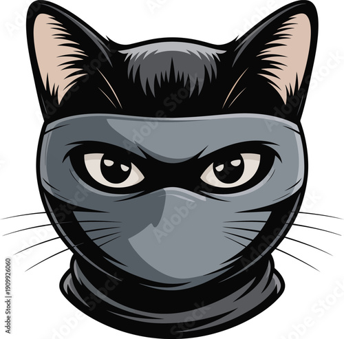 Ninja cat wearing black mask with sharp focused eyes looking forward
