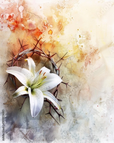 Crown of thorns beside a white Easter lily on textured stone. Symbolic Christian Holy Week concept sacrifice, purity, redemption resurrection watercolor art background copy space Easter service mass