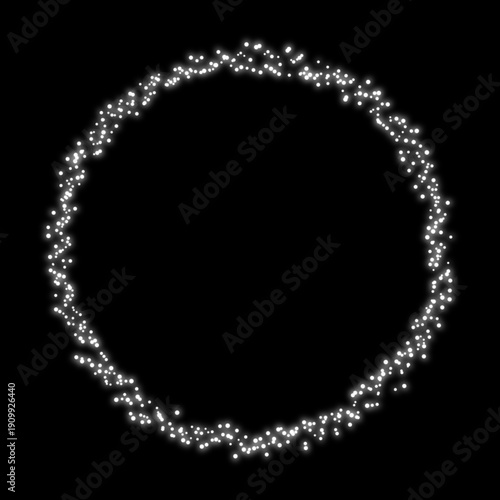White glowing particle circle frame isolated on black background
