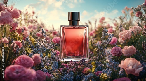 Aromatic fragrance in a floral field. A luxurious perfume bottle surrounded by blooming flowers under a bright sky.