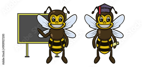Set of cute bee mascot logo design.