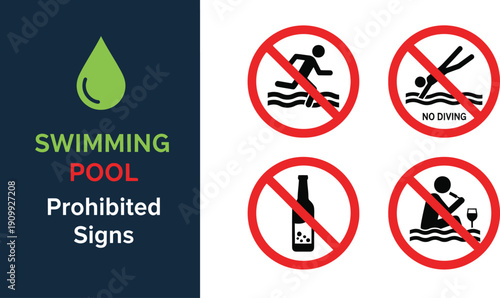 Swimming pool prohibited activity safety signs set