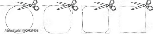 Scissors cutting shapes along dotted perforation lines