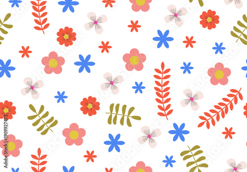 Abstract modern seamless pattern with flowers and leaves. Floral design. Contemporary art. Vector botanical illustration