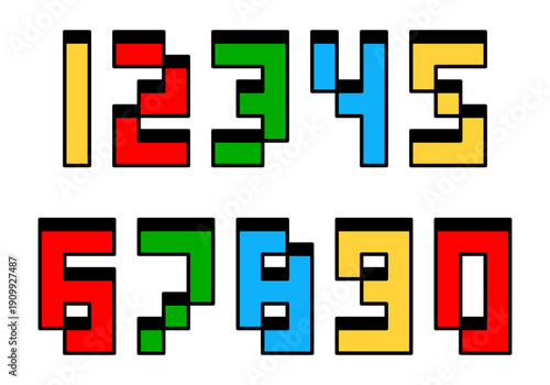 Numbers in style of old 8-bit video games. Vector numerals. Set of color geometry shapes figures and numbers