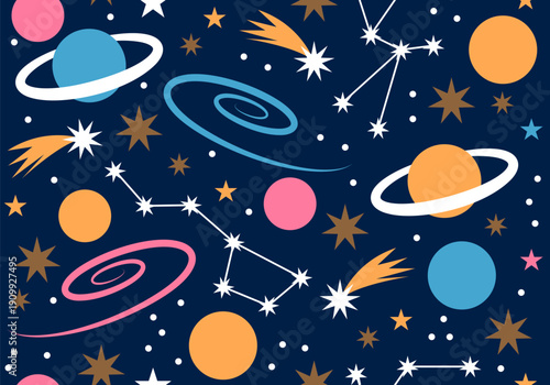 Constellations seamless pattern. Night background with stars, planents. Background with stars, vector pattern night sky filled with lots of stars
