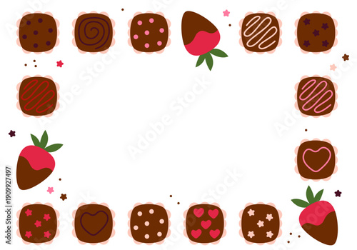 Cute frame with sweets. Mix of chocolate candies. Set of chocolate candies. Assortment of chocolate candies sweets