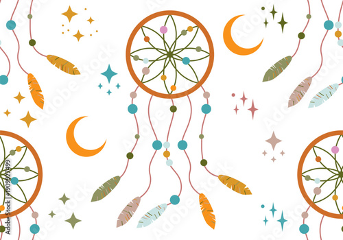 Dreamcatcher seamless pattern.  Ethnic design, boho chic, tribal symbol. Good fabric, textile, wallpaper