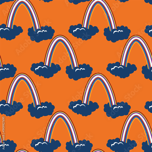 Trendy seamless pattern with colorful rainbow on color background. Design for invitation, poster, card, fabric, textile, fabric. Cute holiday illustration for baby. Scandinavian doodle style.