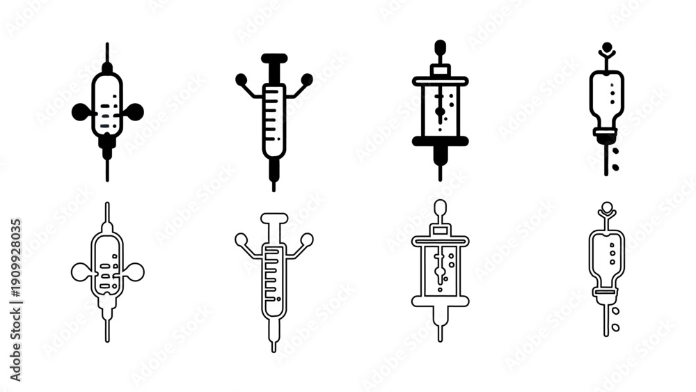 Naklejka premium Medical Syringe and IV Drip Icon for Vaccination and Clinical Injection, Healthcare Treatment Vector Illustration in Outline and Solid Glyph Style
