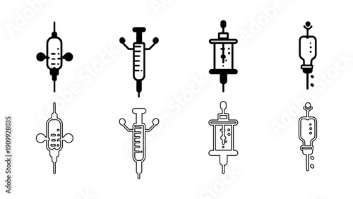 Medical Syringe and IV Drip Icon for Vaccination and Clinical Injection, Healthcare Treatment Vector Illustration in Outline and Solid Glyph Style