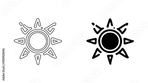 Golden Sun Icon for Summer Weather Forecast and Solar Energy, Bright Sunshine Vector Illustration in Minimalist Outline and Solid Glyph Style