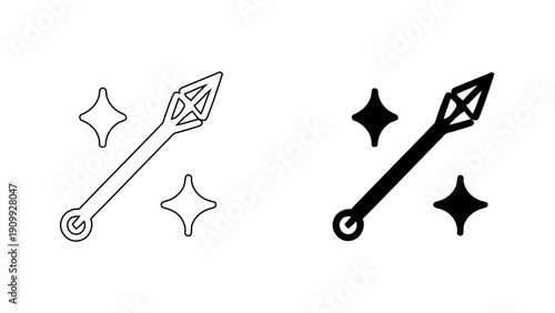 Magic Wand with Shining Stars Icon for Creative Wizardry and Enchanted Fantasy, Digital Wizard Staff Vector Illustration in Minimalist Outline and Glyph Style